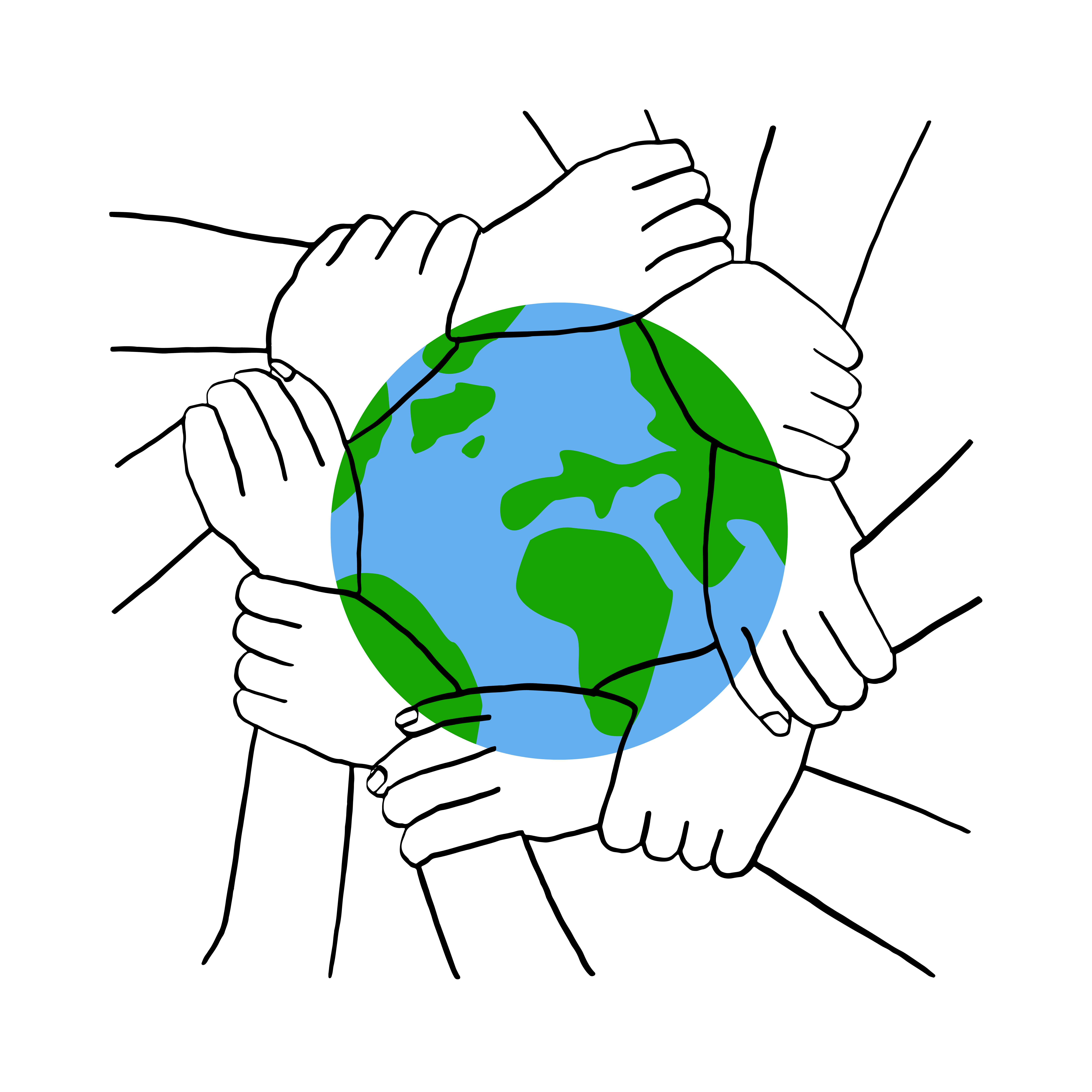 Connected Hand And Arm Outlines Around A Cartoon Image Of The World Connected Hand And Arm Outlines Around A Cartoon Image Of The World