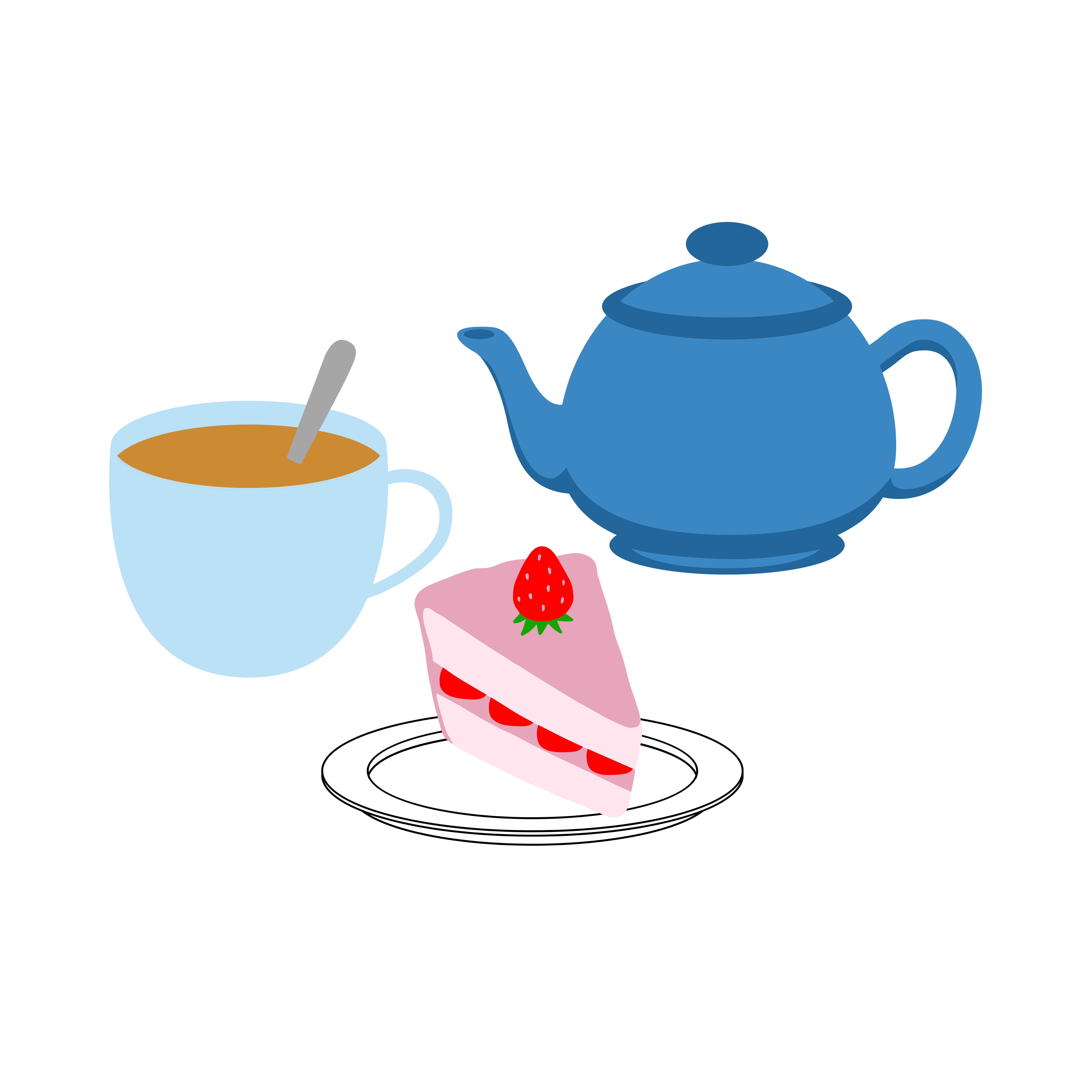Cartoon Cup Of Tea, Slice Of Cake On A Plate And Tea Pot