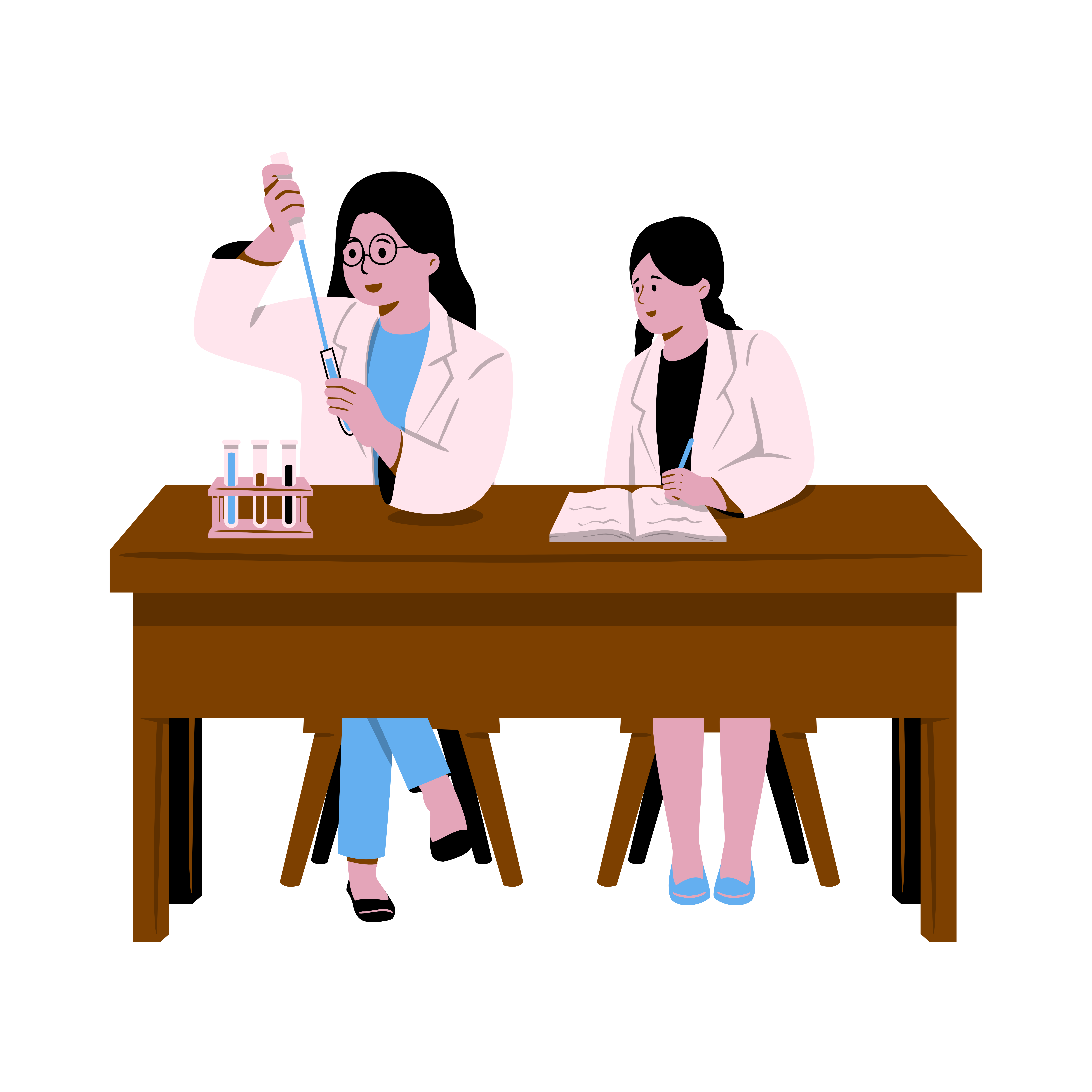 Cartoon Teacher And Student At Students Desk With A Science Set Cartoon Teacher And Student At Students Desk With A Science Set