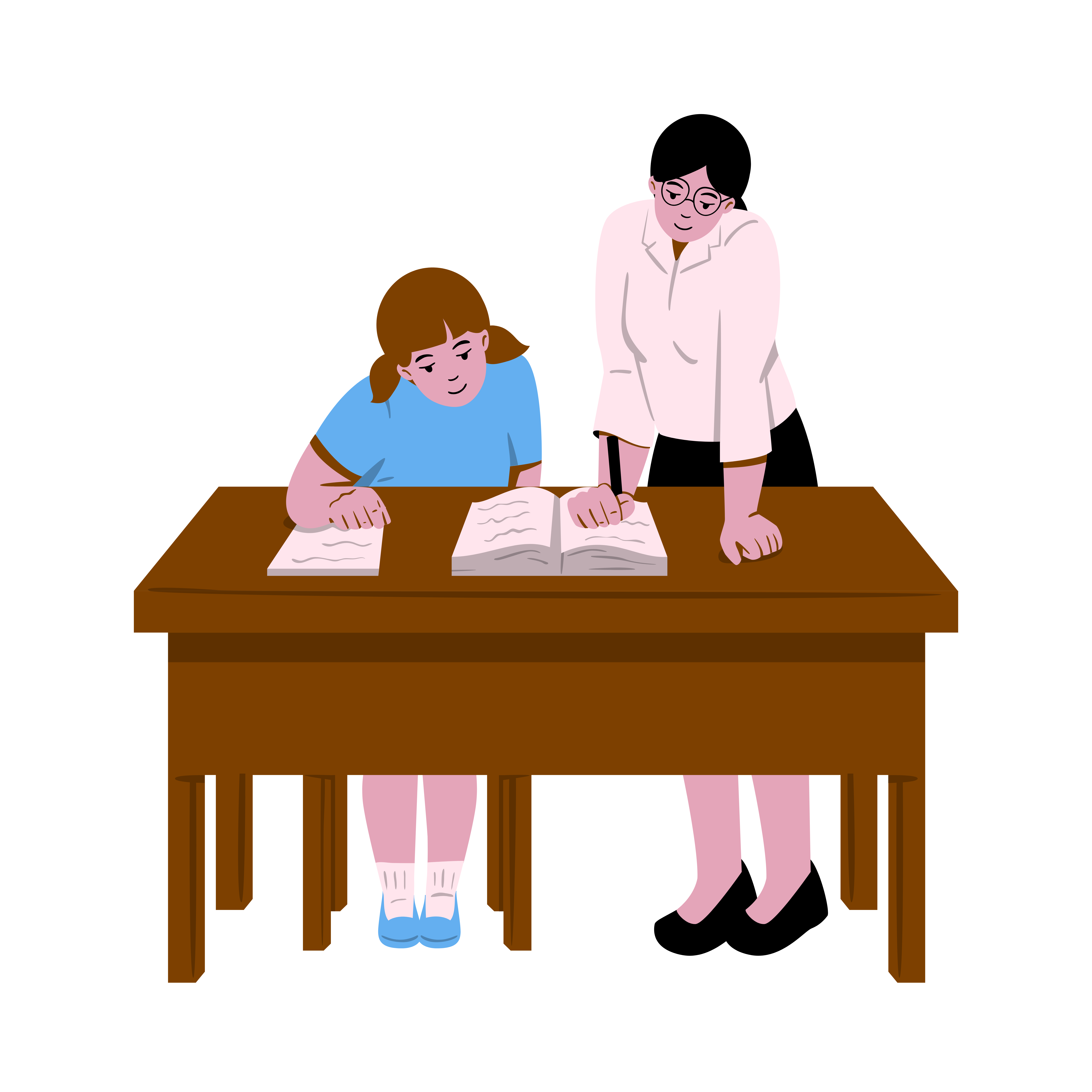 Cartoon Teacher And Student At Students Desk