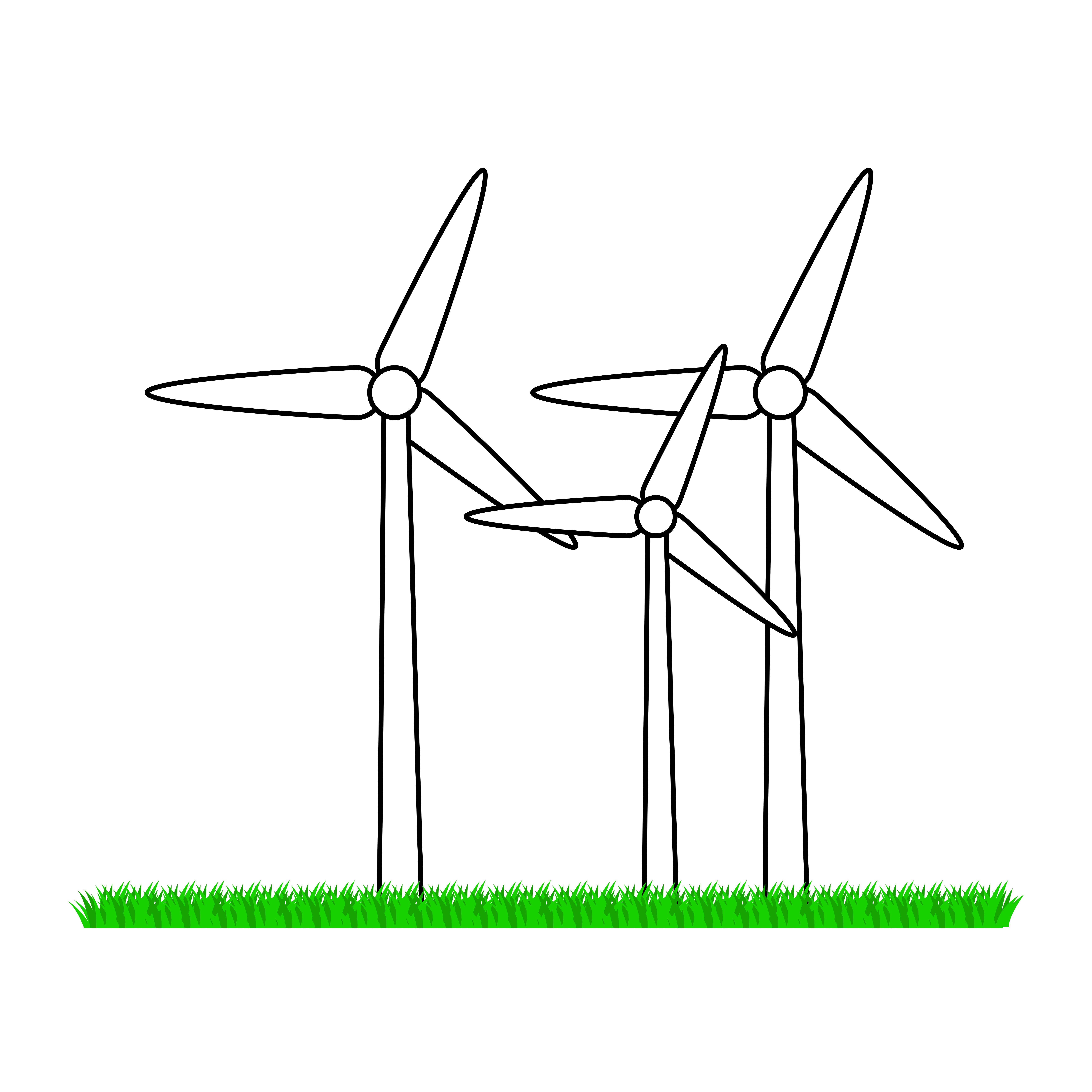 Cartoon Outline Of Three Different Sized Wind Turbines, With Cartoon Grass Lining The Bottom